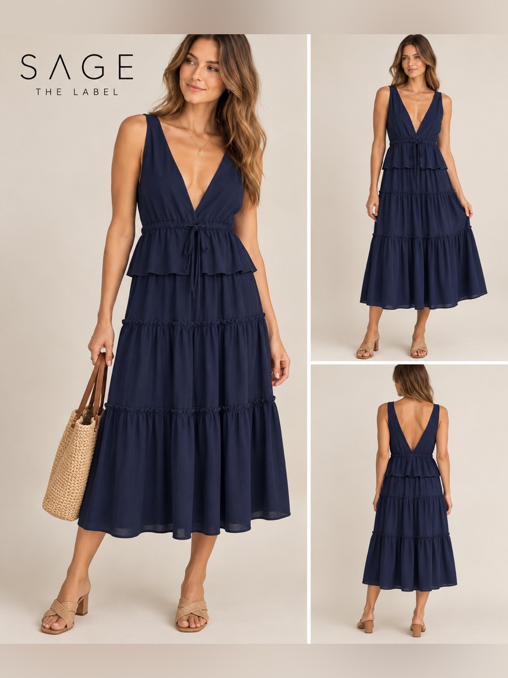 Sage The Label Navy Blue Tiered Midi Dress Deep V Size